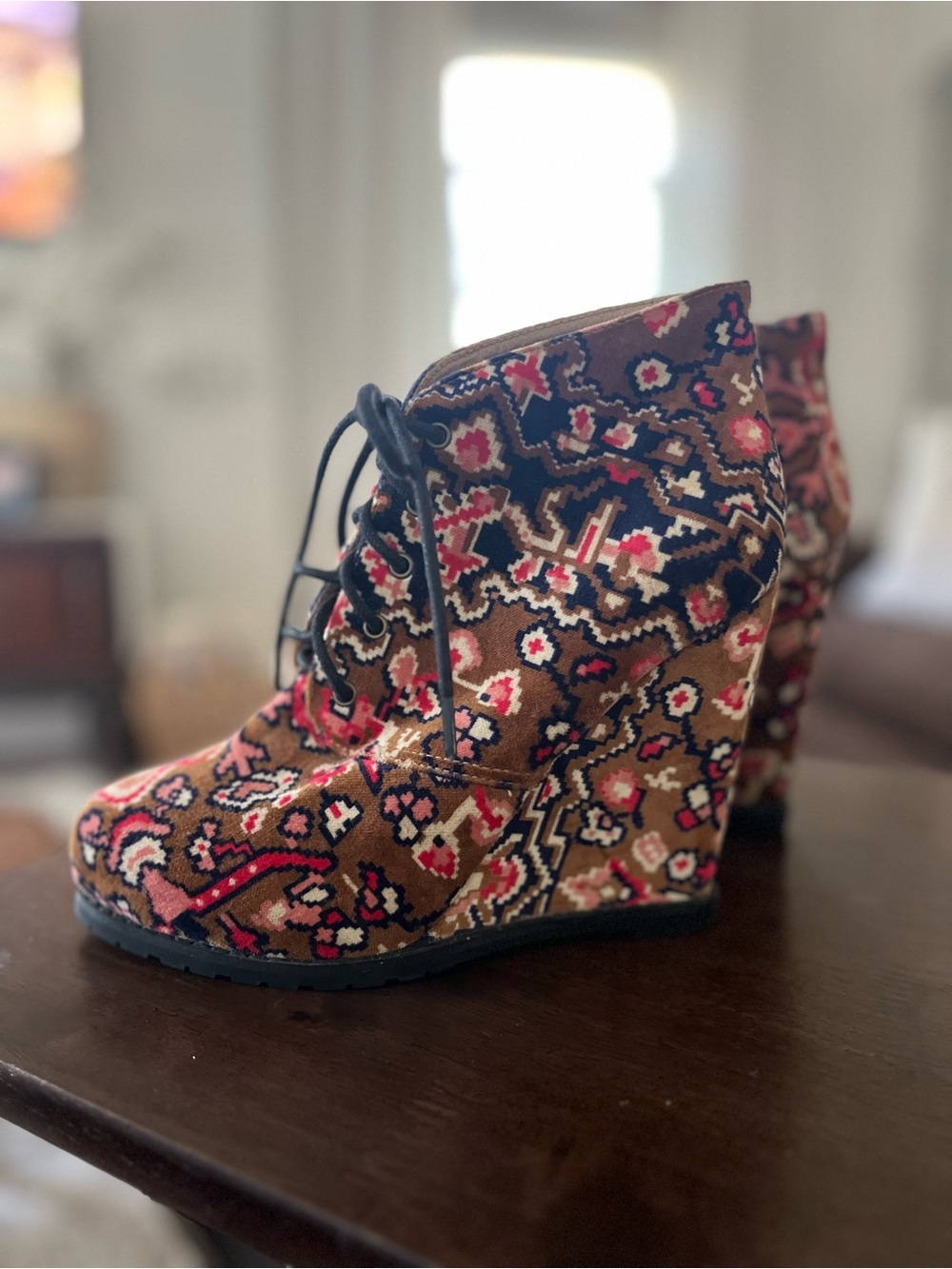Kimchi Blue Multicolor Floral Lace-Up Wedge Ankle Boots
